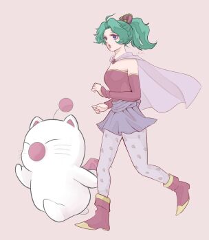 1girl :o ankle_boots bare_shoulders boots brooch cape detached_sleeves final_fantasy final_fantasy_vi green_hair hair_ribbon ika_okura_66 jewelry leaf_print long_hair mog moogle pantyhose pink_background pointy_boots ponytail print_pantyhose purple_cape purple_eyes purple_sash purple_skirt red_boots red_sleeves ribbon running sash simple_background skirt strapless tina_branford waist_sash