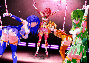 4girls absurdres abuse arched_back arms_behind_back arms_up back_bow bad_end beaten bent_over blue_dress blue_hair blue_hairband blush body_blush boots bound bound_wrists bow breasts bruise bruise_on_arm bruise_on_face bruise_on_leg bruise_on_stomach capelet captured chain clenched_teeth closed_eyes clover clover_cobalt clover_leaf clover_mari clover_rose dark dark_blue_hair defeat detached_sleeves dirty dirty_clothes dirty_face dress fainted flower four-leaf_clover gloves glowing_chain green_capelet green_dress green_hair green_hairband hair_between_eyes hairband hanging hanging_from_ceiling hanging_legs hasumi_ren_(clover_rose) highres indoors injury koeda0111 lace lace-trimmed_dress lace_trim large_bow long_hair magical_girl medium_breasts medium_hair miniskirt multicolored_dress multicolored_skirt multiple_girls navel open_mouth orange_dress orange_hairband orange_thighhighs original outstretched_arms pain panties pantyshot parted_lips peril pink_dress pink_eyes pink_hair pleated_skirt red_hairband restrained ryona shimono_aoi short_dress sidelocks skirt slave sleeveless sleeveless_dress slim_legs small_breasts spread_arms strapless strapless_dress suspension teeth tendou_erika thighhighs tied_up_(nonsexual) torn torn_bow torn_capelet torn_clothes torn_skirt torn_thighhighs tube_dress unconscious underwear utsugi_chisaki violence white_panties wispy_bangs yellow_panties yotsuba_no_senki_clover_rose zettai_ryouiki