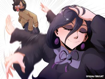 2girls closed_eyes dark-skinned_female dark_skin earrings emma_(pokemon) hex_maniac_(pokemon) hex_maniac_(pokemon_legends:_z-a) highres jewelry long_hair multiple_girls nintendo opalis open_mouth pokemon pokemon_legends:_z-a short_hair smile spanked