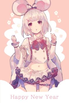 Rule 34 | 1girl, :o, animal ears, bow, commentary request, english text, fake animal ears, granblue fantasy, grey hair, grey skirt, hair ornament, hairclip, hands up, happy new year, heart, highres, long sleeves, looking at viewer, midriff, mouse ears, navel, new year, pink background, pleated skirt, red eyes, shiina kimagure, simple background, skirt, solo, vikala (granblue fantasy), white skirt