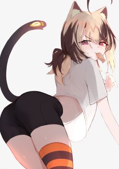 Rule 34 | 1girl, absurdres, ahoge, animal ears, ass, blonde hair, brown hair, cat ears, cat girl, cat tail, gigi murin, highres, hololive, hololive english, looking at viewer, midriff, multicolored hair, paw pose, pink eyes, shirt, short hair, shorts, simple background, smile, solo, tail, thighs, twintails, two-tone hair, uve, virtual youtuber, white background