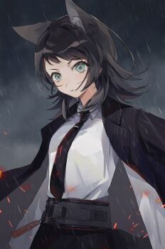 1girl animal_ear_fluff animal_ears bang_dream! bang_dream!_it's_mygo!!!!! belt black_belt black_gloves black_hair black_jacket black_necktie black_pants blue_eyes cloud cloudy_sky collared_shirt commentary_request cowboy_shot gloves grey_background highres jacket jacket_on_shoulders kemonomimi_mode looking_at_viewer medium_hair necktie outdoors pants parted_lips qi_cun rain shirt sky solo white_shirt wolf_ears wolf_girl yahata_umiri yahata_umiri_(lupo) yahata_umiri_(moonlight_executioner)