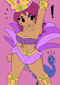 ! 1girl absurdres alien animal arm_up armor belt bikini bird black_eyes blush boots bracer brawl_stars breasts cleavage collarbone colored_skin crown dancer eyeshadow feathers gold_belt gold_boots highres large_breasts long_hair looking_at_viewer makeup mandy_(brawl_stars) navel open_mouth orange_skin peacock pink_background purple_armor purple_bikini purple_skirt red_hair samba shoulder_armor sketch skirt smile standing swimsuit teeth thick_thighs thighs tony_welt wide_hips