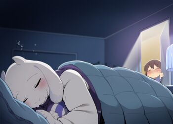 1boy 1girl blush brown_hair closed_eyes commentary dagasi frisk_(undertale) furry highres sleeping toriel undertale utdr_(toby_fox) variant_set