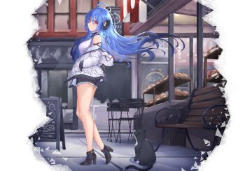 1girl alternate_costume azur_lane bakery bare_legs bare_shoulders black_shorts blue_gemstone blue_hair casual cat cutoffs day expressionless floating_hair from_side full_body gem hands_in_pockets headgear helena_(azur_lane) helena_(meta)_(azur_lane) high_heels highres hood hooded_jacket jacket jewelry kyl490 leg_up legs long_hair looking_at_viewer looking_to_the_side necklace off_shoulder outdoors red_eyes red_gemstone shirt shop short_shorts shorts sleeveless sleeveless_shirt solo striped_clothes striped_shirt thighs tiptoes vertical-striped_clothes vertical-striped_shirt very_long_hair walking white_jacket white_shirt