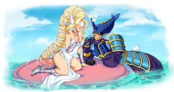... 1boy 1girl bare_shoulders bechno_kid blindfold blonde_hair blush breasts cleavage digimon digimon_(creature) digimon_story:_time_stranger dress highres large_breasts long_hair merman monster_boy neptunemon partially_submerged signature speech_bubble strapless strapless_dress venusmon water white_dress