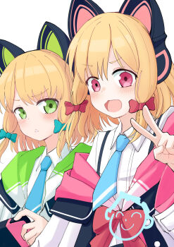 Rule 34 | 2girls, absurdres, animal ear headphones, animal ears, blonde hair, blue archive, blue necktie, blush, bow, buttons, cat ear headphones, cat ears, collared shirt, commentary, doodle inset, doodle sensei (blue archive), fake animal ears, green bow, green eyes, green jacket, hair bow, hand up, handheld game console, headphones, highres, holding, holding handheld game console, jacket, long sleeves, looking at viewer, low-tied sidelocks, medium hair, midori (blue archive), momoi (blue archive), mryung, multicolored jacket, multiple girls, necktie, no halo, off shoulder, open clothes, open jacket, open mouth, parted bangs, parted lips, pink bow, pink eyes, pink jacket, sensei (blue archive), shirt, siblings, sidelocks, simple background, sisters, smile, suspenders, triangle mouth, twins, upper body, v, v-shaped eyebrows, white background, white jacket, white shirt, wide sleeves