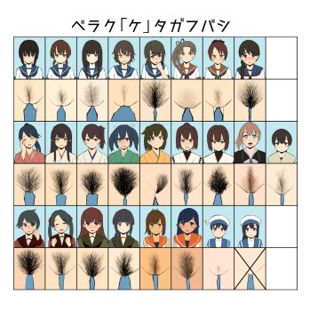 6+girls ? akagi_(kancolle) ayanami_(kancolle) black_eyes black_hair blue_eyes blue_hair blunt_bangs brown_eyes brown_hair chart comparison daitou_(kancolle) dress female_pubic_hair fubuki_(kancolle) green_hair hat hatsuyuki_(kancolle) hiburi_(kancolle) highres hiryuu_(kancolle) houshou_(kancolle) hyuuga_(kancolle) i-400_(kancolle) i-401_(kancolle) intrepid_(kancolle) ise_(kancolle) isonami_(kancolle) kaga_(kancolle) kantai_collection kasuga_maru_(kancolle) kitakami_(kancolle) loli long_hair low_ponytail mikuma_(kancolle) miyuki_(kancolle) mogami_(kancolle) multiple_girls ooi_(kancolle) open_mouth ponytail pubic_hair pussy remodel_(kantai_collection) sailor_collar sailor_dress sailor_hat school_uniform serafuku shikinami_(kancolle) shirayuki_(kancolle) short_hair short_ponytail souryuu_(kancolle) swept_bangs taiyou_(kancolle) taji_(crowview) translation_request white_hat