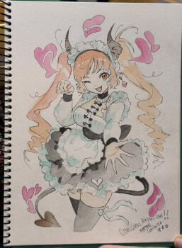 Rule 34 | 1girl, ;d, apron, black skirt, breasts, brown eyes, brown hair, commentary, cropped legs, demon girl, demon horns, demon tail, earrings, english commentary, eudetenis, fang, frilled apron, frilled skirt, frills, grey thighhighs, hand up, heart, highres, horns, jewelry, long hair, long sleeves, looking at viewer, maid, maid headdress, medium breasts, one eye closed, open mouth, original, paw pose, photo (medium), pointy ears, puffy long sleeves, puffy sleeves, shirt, signature, skirt, smile, solo, tail, thighhighs, traditional media, twintails, very long hair, white apron, white shirt