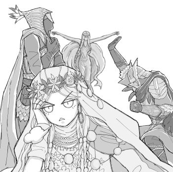 2boys 2girls absurdres blue_surcoat braid commentary doll_joints dress elden_ring elden_ring_nightreign english_commentary flower_wreath greyscale head_wreath helmet highres hood ironeye_(elden_ring) joints low_twin_braids monochrome mr_gardener multiple_boys multiple_girls own_hands_clasped own_hands_together puff_of_air queen_marika_the_eternal revenant_(elden_ring) statue triangle_mouth twin_braids veil white_background white_dress winged_helmet wylder_(elden_ring)