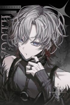 Rule 34 | 1boy, bare shoulders, blue eyes, commentary, detached sleeves, face piercing, fur trim, genshin impact, hand on mask, highres, illuga (genshin impact), jewelry, lip piercing, long sleeves, looking at viewer, male focus, mask, mouth mask, multicolored hair, multiple rings, piercing, red pupils, ring, scar, scar on neck, scar on shoulder, solo, solo focus, sparkle, symbol-only commentary, touyu 1210