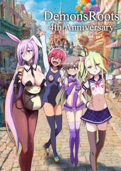 1other 4girls :d absurdres ahoge ai-assisted akaimato animal_ear_hairband animal_ears animal_hood anniversary annoyed arm_up backpack bag balloon bandaid bandaids_on_nipples black_gloves black_leotard black_thighhighs blue_eyes blue_thighhighs blush boots bow breasts brown_bag brown_hair castle cat_ears cat_hood chain collar covering_crotch covering_privates cuffs cup deathpolca demons_roots disembodied_hand dress drinking drinking_straw drinking_straw_in_mouth elbow_gloves embarrassed fake_animal_ears fishnet_pantyhose fishnets flat_chest frilled_skirt frills gloves green_hair hair_between_eyes hair_ornament hair_scrunchie hairband hand_on_own_hip handcuffs headband highres holding holding_stuffed_toy hood kalinka_(demonsroots) large_breasts leotard lily_killer long_hair looking_at_viewer multicolored_hair multiple_girls navel nipple_cutout official_alternate_costume open_mouth pantyhose pasties pink_bow playboy_bunny ponytail pubic_tattoo purple_boots purple_bow purple_dress purple_eyes purple_hair pushing_away rabbit_ears red_hair sarasa_(demonsroots) school_swimsuit school_uniform scrunchie shackles shoes side_ponytail sidelocks skirt slippers smile stuffed_animal stuffed_toy swimsuit tattoo thighhighs two-tone_hair very_long_hair waving white_headband yellow_eyes