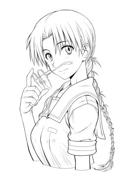 1girl braid commentary_request greyscale harukaze_koucha hoshina_tomoko long_hair looking_at_viewer monochrome over-rim_eyewear sailor_collar school_uniform semi-rimless_eyewear serafuku simple_background single_braid solo to_heart to_heart_(series) unworn_eyewear