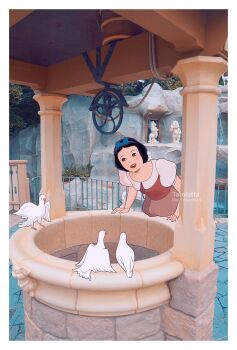 1girl bird black_hair bow dress hair_bow highres open_mouth princess puffy_short_sleeves puffy_sleeves short_hair short_sleeves smile snow_white_(disney) snow_white_and_the_seven_dwarfs_(disney) solo tarolotta toon_(style) well