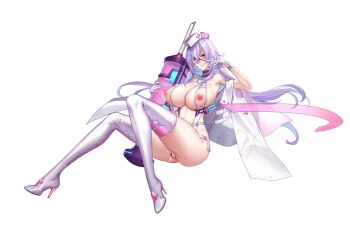 1girl bar_censor blush boots breasts censored cross_ornament eyepatch fingerless_gloves full_body gloves high_heel_boots high_heels highres holding holding_syringe huge_breasts large_syringe long_hair looking_at_viewer medical_eyepatch mixed-language_commentary nipples non-humanoid_robot oversized_object purple_hair q_azieru revealing_clothes robot robot_animal scorpion simple_background solo star_lusts syringe thigh_boots transparent_background very_long_hair white_boots white_gloves white_headwear