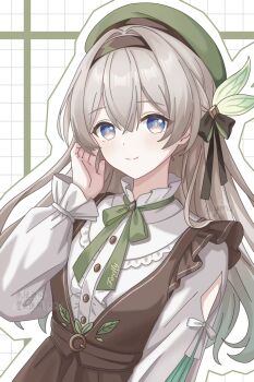 1girl alternate_costume beret black_hairband blue_eyes bow brown_dress brown_hair chinese_commentary commentary_request dress firefly_(honkai:_star_rail) grey_hair hair_ornament hairband hat highres honkai:_star_rail honkai_(series) long_hair long_sleeves looking_at_viewer ribbon shirt smile solo virtual_youtuber yellow_eyes yino