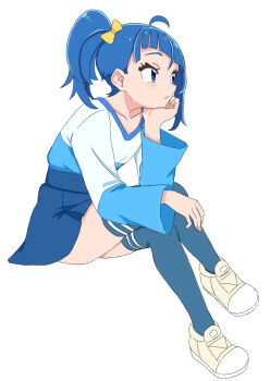 1girl absurdres ahoge blue_eyes blue_hair blue_shirt blue_skirt blue_thighhighs bow closed_mouth commentary cut_bangs frown full_body hair_bow hakuino_hakase head_rest highres hirogaru_sky!_precure long_sleeves looking_to_the_side medium_hair miniskirt pleated_skirt precure shirt shoes side_ponytail simple_background single_sidelock sitting skirt sneakers solo sora_harewataru t-shirt thighhighs two-tone_shirt v-neck white_background white_shirt yellow_bow yellow_shoes
