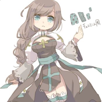 Rule 34 | 1girl, arch bishop (ragnarok online), blue eyes, blue sash, braid, breasts, brown dress, brown hair, cleavage cutout, clothing cutout, commentary request, cowboy shot, cross, dress, juliet sleeves, kawachi (hina), long hair, long sleeves, looking at viewer, lowres, medium breasts, open mouth, puffy sleeves, ragnarok online, sash, simple background, single braid, solo, thighhighs, two-tone dress, white background, white dress, white thighhighs
