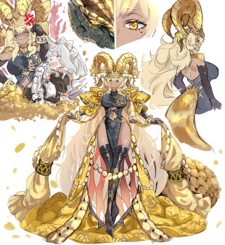 2girls ^_^ absurdres anger_vein arms_at_sides back backless_dress backless_outfit basarios black_skin blonde_hair blush bracelet breasts clenched_hand closed_eyes closed_mouth colored_skin creature_and_personification cropped_torso dark-skinned_female dark_skin dress false_smile fang fang_out fingernails full_body gauntlets gold grey_hair hand_on_own_hip hand_up highres horns huge_breasts jewelry kulve_taroth large_horns long_fingernails long_hair looking_at_viewer mole mole_under_eye monster_hunter:_world monster_hunter_(series) multicolored_skin multiple_girls multiple_horns multiple_views open_mouth partially_shaded_face personification shoulder_blades single_horn sketch smile sparkle thighhighs two-tone_skin umitsuki upper_body very_long_hair yellow_eyes yellow_nails