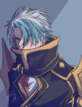 Rule 34 | 1boy, black coat, coat, deus prometheus (grimms notes), green hair, grimms notes, kuki illust, male focus, multicolored hair, pauldrons, red eyes, short hair, shoulder armor, solo, spiked hair, two-tone hair, upper body, white hair