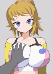 1girl 1other animated bare_shoulders blonde_hair blue_eyes breasts closed_mouth collarbone crop_top grabbing_another&#039;s_breast groping gundam gundam_build_fighters gundam_build_fighters_try head_tilt hoshino_fumina impossible_clothes impossible_shirt large_breasts looking_at_viewer looping_animation lowres shirt short_hair solo_focus sweatdrop taraba_(fmed3338) upper_body video