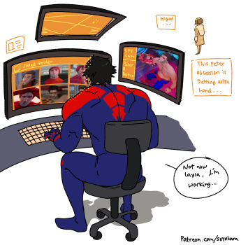 2boys addiction at_computer bara black_hair blue_bodysuit bodysuit chair computer dark-skinned_male dark_skin english_text highres large_pectorals lyla_(marvel) male_focus marvel miguel_o&#039;hara multicolored_bodysuit multiple_boys muscular muscular_male patreon_username pectorals peter_b_parker red_bodysuit short_hair sitting spider-man:_across_the_spider-verse spider-man_(series) spider-verse suyohara two-tone_bodysuit