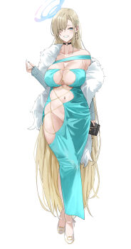 Rule 34 | 1girl, absurdly long hair, absurdres, alternate costume, arm behind back, asuna (blue archive), bag, black choker, black shoes, blue archive, blue halo, blue nails, bow, breasts, choker, clothing cutout, collarbone, commentary, full body, grin, groin, hair bow, hair over one eye, halo, handbag, highres, hip vent, long hair, miz blank, mole, mole on breast, multi-strapped dress, navel, navel piercing, no panties, one eye closed, piercing, redrawn, revealing clothes, shoes, side halo, simple background, smile, solo, standing, symbol-only commentary, very long hair, white background