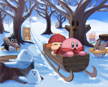 ^_^ artist_name bare_tree beanie bird blue_eyes blue_sky blush blush_stickers closed_eyes cloud corori day emp_(kirby) flower hat highres hill kirby kirby_(series) kogoesou leo_taranza nintendo no_humans open_mouth outdoors penguin polof pom_pom_(clothes) pom_pom_beanie red_headwear red_scarf running scarf scenery sky smile snow snowball sparkle star_(symbol) star_block tree tree_stump twitter_username waddle_dee whispy_woods winter yellow_headwear yellow_scarf yuki_(kirby)
