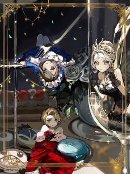 3girls :/ alcohol bare_shoulders black_bow black_gloves black_hat black_leotard black_skirt black_thighhighs blonde_hair blue_bonnet blue_eyes blue_gloves blue_skirt bonnet border bow bow_legwear bowtie brown_eyes brown_hair cake champagne closed_mouth comb_over confetti corsage cup curtained_hair dress drinking_glass earrings emily_dyer emily_dyer_(risktaker) emma_woods emma_woods_(boudoir_dream) feet_out_of_frame flower food fork frilled_bonnet frilled_gloves frilled_sleeves frills frown fruit fur-trimmed_dress fur_trim garter_straps gem gloves hair_bun hat hat_feather head_chain identity_v in_container in_cup ito_karasu jewelry kneeling lace lace-trimmed_thighhighs lace_gloves lace_trim leotard light_blush long_sleeves looking_at_viewer lying macaron margaretha_zelle margaretha_zelle_(krono) mini_hat mini_person minigirl multiple_girls multiple_necklaces off-shoulder_dress off_shoulder official_alternate_costume on_back ornate_border parted_bangs parted_lips pouring puffy_short_sleeves puffy_sleeves purple_eyes raised_inner_eyebrows red_dress red_flower red_gemstone red_rose rose shirt short_hair short_sleeves showgirl_skirt single_hair_bun sitting skirt strapless strapless_leotard strawberry swept_bangs thighhighs tiara tiered_tray tilted_headwear vase white_bow white_bowtie white_flower white_rose white_shirt wine_glass yokozuwari