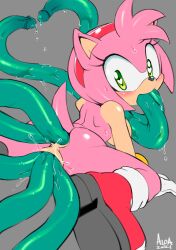 Rule 34 | all fours, all the way through, amy rose, anal, blush, boots, bracelet, consensual tentacles, coolblue, double anal, double penetration, furry, gloves, green eyes, grey background, hairband, heart, heart-shaped eyes, hedgehog, hedgehog girl, highres, jewelry, looking at viewer, multiple anal, multiple vaginal, nude, pink fur, pussy juice, red hairband, second-party source, solo, sonic (series), spread legs, sweat, tail, tentacle sex, tentacles, triple vaginal, vaginal