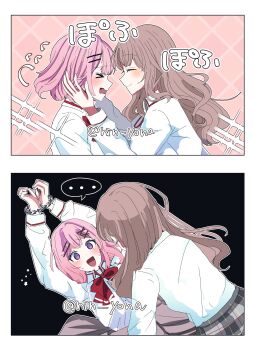 >_< ... 2girls absurdres amaori_renako ashigaya_high_school_uniform bound bound_wrists bow bowtie brown_hair closed_eyes closed_mouth collared_shirt commentary grey_skirt highres medium_hair multiple_girls nin_yona open_mouth pink_hair plaid_clothes plaid_skirt pleated_skirt purple_eyes red_bow red_bowtie school_uniform sena_ajisai shirt skirt sparkle spoken_ellipsis translation_request twitter_username watashi_ga_koibito_ni_nareru_wake_naijan_murimuri! white_shirt you_gonna_get_raped yuri