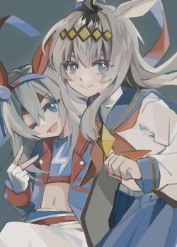 2girls ahoge animal_ears belt blue_eyes blue_hairband blue_jacket blue_sailor_collar blue_skirt blue_sports_bra brooch crop_top ear_covers ear_ornament fang fingerless_gloves gloves grey_hair grin hair_between_eyes hair_ornament hairband headband highres horse_ears horse_girl jacket jewelry kayuuamai lightning_bolt_print lightning_bolt_symbol long_hair long_sleeves looking_at_viewer midriff multicolored_hair multiple_girls navel neckerchief no_tail oguri_cap_(starlight_beat)_(umamusume) oguri_cap_(umamusume) open_mouth pants red_belt red_headband red_neckerchief sailor_collar shirt skirt smile sports_bra star_brooch striped_clothes striped_hairband tamamo_cross_(umamusume) tamamo_cross_(with_lightning_speed)_(umamusume) umamusume umamusume:_cinderella_gray very_long_hair white_gloves white_jacket white_pants white_shirt