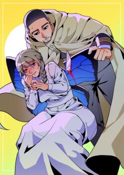 1boy 1girl black_hair boyfriend_to_death braid butterfly_wings character_request cloak commentary crying crying_with_eyes_open dress english_commentary facial_hair feet_out_of_frame furry furry_female goatee grey_hair hand_on_own_wrist hands_up highres holding holding_knife hood hood_down hooded_cloak impaled injury insect_wings knife looking_at_another looking_back original self-harm short_hair soureeeee tears twin_braids white_dress wings