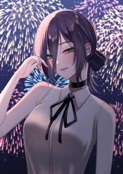 1girl absurdres aerial_fireworks black_choker black_ribbon chainsaw_man choker fireworks green_eyes hair_between_eyes hair_bun highres looking_at_viewer medium_hair neck_ribbon night open_mouth outdoors purple_hair reze_(chainsaw_man) ribbon sa_ka_e shirt sleeveless sleeveless_shirt solo white_shirt