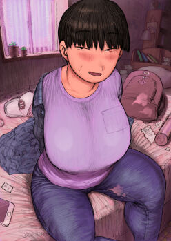 1girl backpack bag black_eyes black_hair blush breasts cellphone condom condom_wrapper curtains denim hat highres huge_breasts indoors jimiko lamp large_breasts looking_at_viewer mob_face on_bed original phone pink_fehe_rin plant plump pocket potted_plant purple_shirt shelf shirt sitting solo stuffed_toy sweatdrop undressing unworn_backpack unworn_bag unworn_hat unworn_headwear
