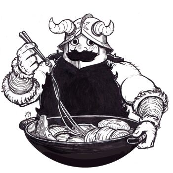 1boy bara beard blush cropped_torso dungeon_meshi dwarf facial_hair fake_horns greyscale helmet holding holding_ladle horned_helmet horns ladle long_beard looking_at_viewer male_focus monochrome muscular muscular_male mustache senshi_(dungeon_meshi) solo sparse_arm_hair tamvmat thick_mustache very_long_beard wok