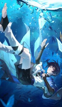 1boy absurdres air_bubble arm_up black_bridal_gauntlets black_hair black_shirt black_shorts black_socks blue_butterfly blue_cape blunt_ends bridal_gauntlets bubble bug butterfly cape chinese_commentary eyeliner foot_out_of_frame genshin_impact hair_between_eyes hakama hakama_shorts highres insect jacket japanese_clothes leg_warmers looking_up makeup male_focus mandarin_collar open_clothes open_jacket outstretched_arm parted_lips partially_underwater_shot purple_eyes qianben_shan reaching red_eyeliner scaramouche_(genshin_impact) shirt short-sleeved_jacket short_hair short_sleeves shorts side_cape sinking socks solo stirrup_legwear toeless_legwear toes underwater wanderer_(genshin_impact) white_jacket white_leg_warmers