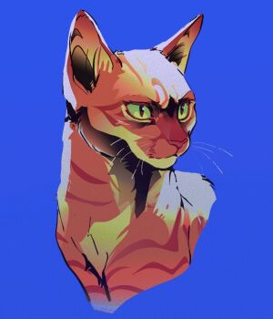 Rule 34 | animal, animal focus, blue background, cat, firestar (warrior cats), green eyes, no humans, orange cat, sam (kyaptainkiddo), simple background, solo, tabby cat, warrior cats, whiskers