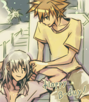 Rule 34 | 2boys, adjusting another's hair, alternate costume, arms behind head, arms up, beach, brown hair, cloud, collared shirt, commentary, english commentary, gift art, grey hair, hair over one eye, happy birthday, illbewaiting, kingdom hearts, light particles, light smile, long hair, looking at another, looking down, male focus, multiple boys, night, ocean, outdoors, palm tree, riku (kingdom hearts), shirt, short hair, shorts, sitting, sora (kingdom hearts), spiked hair, t-shirt, tree, upper body, yellow shirt