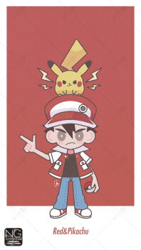 1boy baseball_cap black_shirt blue_pants brown_hair closed_mouth frown gen_1_pokemon grey_eyes hat highres holding holding_poke_ball jacket lightning_bolt_symbol looking_at_viewer meme_(sleepsheep) nintendo on_head pants pikachu poke_ball poke_ball_(basic) pokemon pokemon_(creature) pokemon_frlg pokemon_on_head red_(pokemon) red_hat shirt short_hair short_sleeves