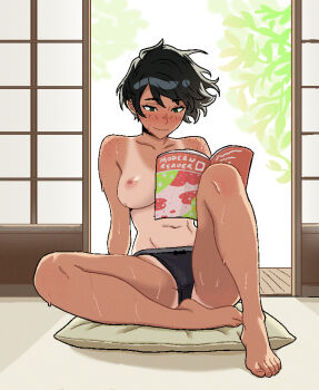 1girl black_eyes black_hair black_panties blush body_freckles book breasts casual_nudity celebelian commentary day earrings english_commentary freckles full_body holding holding_book indoors jewelry large_breasts looking_at_object navel nipples original panties pillow reading short_hair shouji shoulder_freckles sitting sliding_doors smile solo sweat tan tanline tomboy topless_female underwear