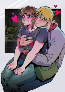 1boy 1girl aegyo_sal bag black_shirt blonde_hair blush boyfriend_to_death brown_hair commentary english_commentary hand_on_another's_chest hand_on_another's_stomach highres hood hood_down hoodie hug hug_from_behind jewelry lawrence_oleander legs_together looking_at_another looking_back low_ponytail necklace original ponytail shirt shoulder_bag sidelocks sitting sitting_on_lap sitting_on_person smile soureeeee t-shirt