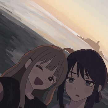 Rule 34 | 2girls, ahoge, black hair, blonde hair, blush, bouryoku (aoi tile), cho kaguya-hime!, commentary, hair bun, highres, long hair, looking at viewer, mole, mole under eye, multiple girls, muted color, one eye closed, open mouth, portrait, sakayori iroha, selfie, short sleeves, single hair bun, smile