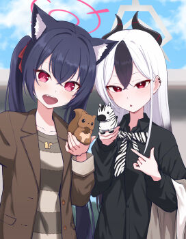 2girls absurdres animal_ears animal_print black_hair black_horns black_shirt blue_archive blush bow brown_jacket cat_ears collarbone collared_shirt commentary_request demon_horns ear_piercing hair_between_eyes halo highres horns jacket kayoko_(blue_archive) long_hair looking_at_viewer multicolored_hair multiple_girls open_mouth parted_lips piercing red_eyes serika_(blue_archive) shiroiurushi shirt sidelocks squirrel standing striped_clothes striped_shirt stuffed_animal stuffed_toy twintails two-tone_hair upper_body very_long_hair white_bow white_hair zebra zebra_print