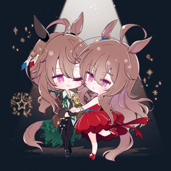 2girls :o ahoge animal_ears black_background black_pants brown_jacket brown_shoes cape chibi clone commentary_request dress ear_covers feather_hair_ornament feathers green_cape hair_ornament horse_ears horse_girl horse_tail jacket kobara_suita long_hair multiple_girls nakayama_festa_(festival_game)_(umamusume) nakayama_festa_(umamusume) official_alternate_costume one_eye_closed pants pink_eyes pink_hair red_dress red_shoes shoes simple_background sparkle star_(symbol) tail umamusume