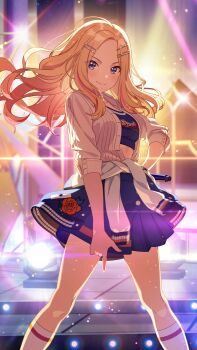 Rule 34 | 1girl, blonde hair, blue eyes, buttons, campus mode!! (idolmaster), clothes around waist, cursive, floral print, forehead, gakuen idolmaster, game cg, hair ornament, hairclip, holding, holding microphone, idol clothes, idolmaster, juo sena, kneehighs, microphone, multicolored hair, official art, pink hair, pointing, pointing down, rose print, skirt, smile, socks, solo, stage lights, stairs, sweater, sweater around waist
