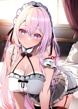 1girl absurdres all_fours bed bed_sheet black_dress black_garter_straps blue_eyes blush breasts cleavage collarbone commentary_request curtains detached_collar dress garter_straps highres indoors large_breasts long_hair looking_at_viewer maid maid_headdress megurine_luka number_tattoo origami_aya pink_hair sidelocks smile solo tattoo vocaloid white_dress window