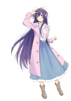 1girl absurdres adjusting_hair black_jacket black_pantyhose blue_skirt coat copyright_name dark_persona date_a_live expressionless female_focus full_body hair_between_eyes hair_ribbon hand_up highres jacket kyoraku_(weng3133) long_hair long_skirt looking_at_viewer pantyhose parted_lips pink_coat purple_skirt ribbon simple_background skirt smile solo very_long_hair white_background yatogami_tohka yellow_ribbon