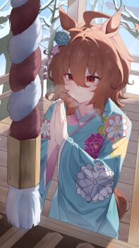 Rule 34 | 1girl, absurdres, agnes tachyon (umamusume), ahoge, alternate costume, animal ears, blue kimono, blush, brown hair, closed mouth, commentary, english commentary, floral print, floral print kimono, flower, hair between eyes, hair flower, hair ornament, highres, horse ears, horse girl, horse tail, japanese clothes, kimono, long sleeves, medium hair, nanaken (qijian23092715), outdoors, own hands clasped, own hands together, print kimono, red eyes, rope, shimenawa, short hair, smile, solo, tail, umamusume