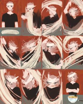 1boy bags_under_eyes black_eyes bowl chef chopsticks cooking crossed_arms dda_gae_bi dungeon_meshi elf fine_art_parody food grey_hair headband highres lazy_eye looking_at_viewer male_focus messy_hair mithrun motion_blur multiple_scars noodles notched_ear parody pointy_ears ramen scar sequential shirt short_hair short_sleeves smile t-shirt the_making_of_the_perfect_martini uneven_eyes upper_body wavy_hair